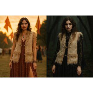 Vintage Boho Faux Fur Vest Women INC L Beige Shaggy 70s Festival Whimsygoth